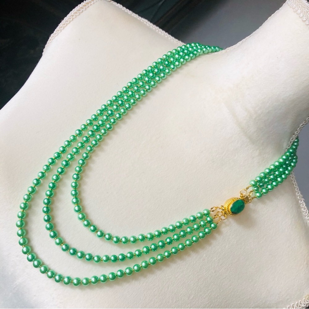 Handcrafted triple strand green Czech glass pearl genuine emerald clasp necklace